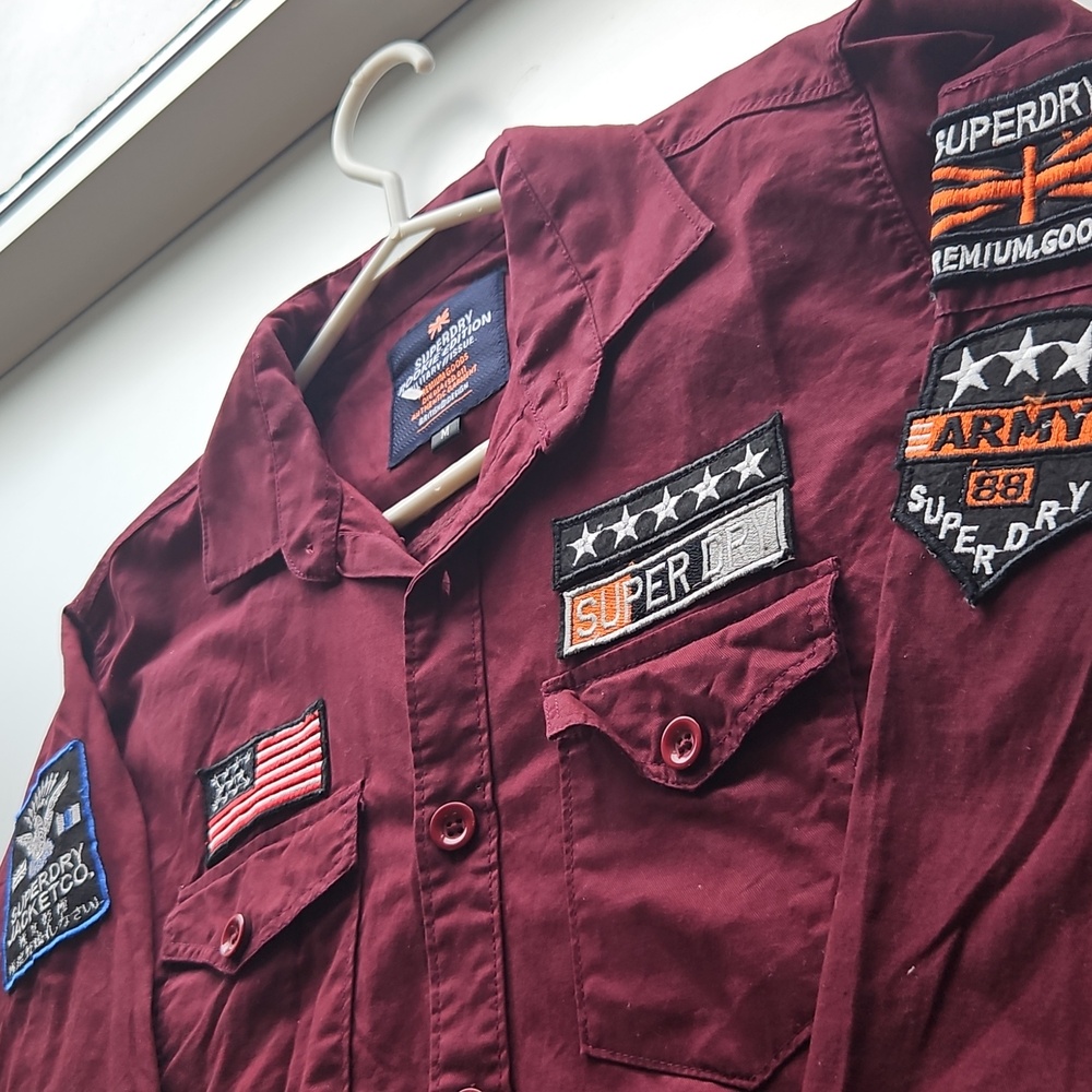 Superdry Men's Burgundy Casual Button Down Shirt with Patches